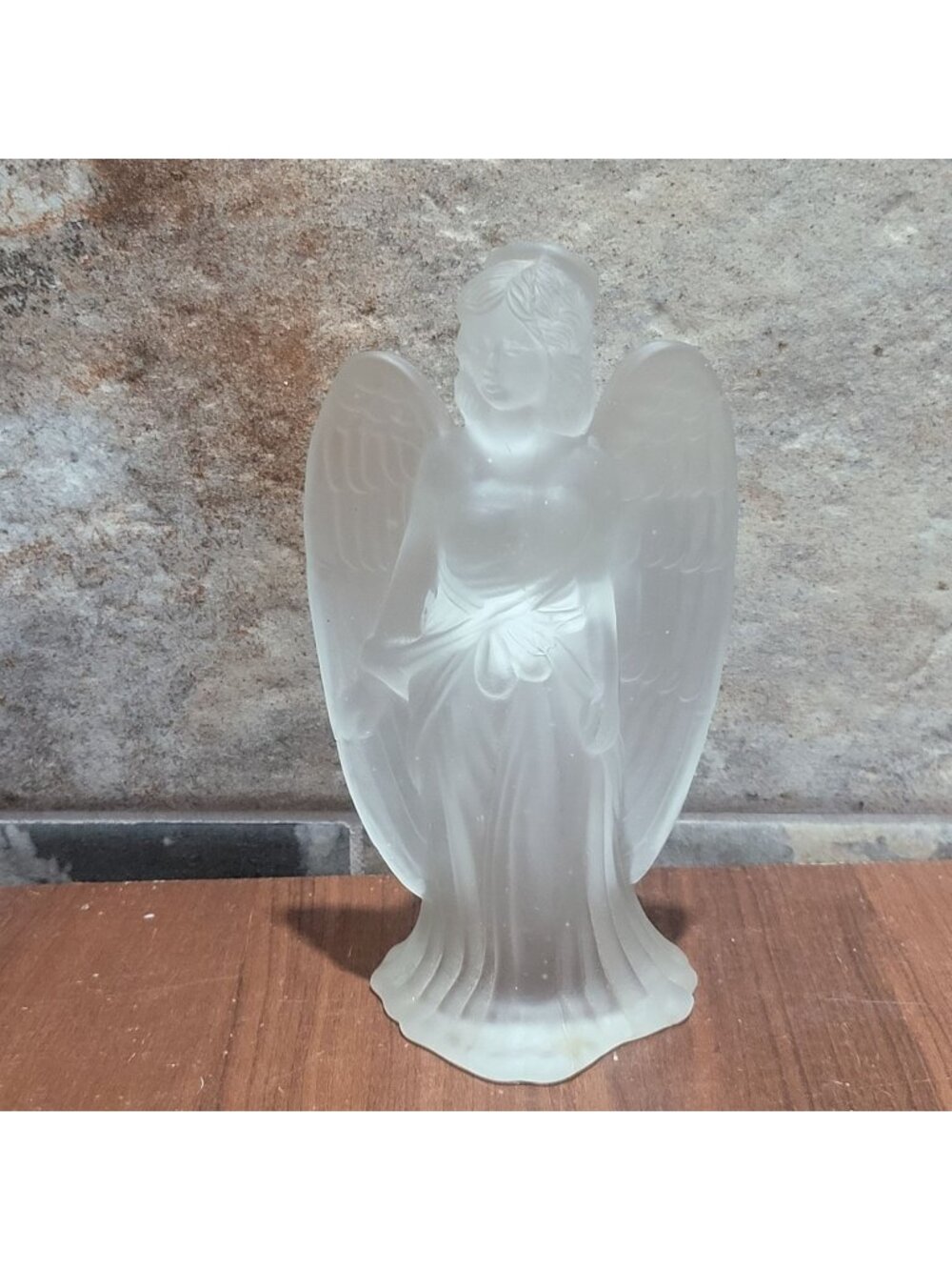 Frosted Glass Crystal Angel Candle Holder Figurine Outstretched Wings Flowing Go